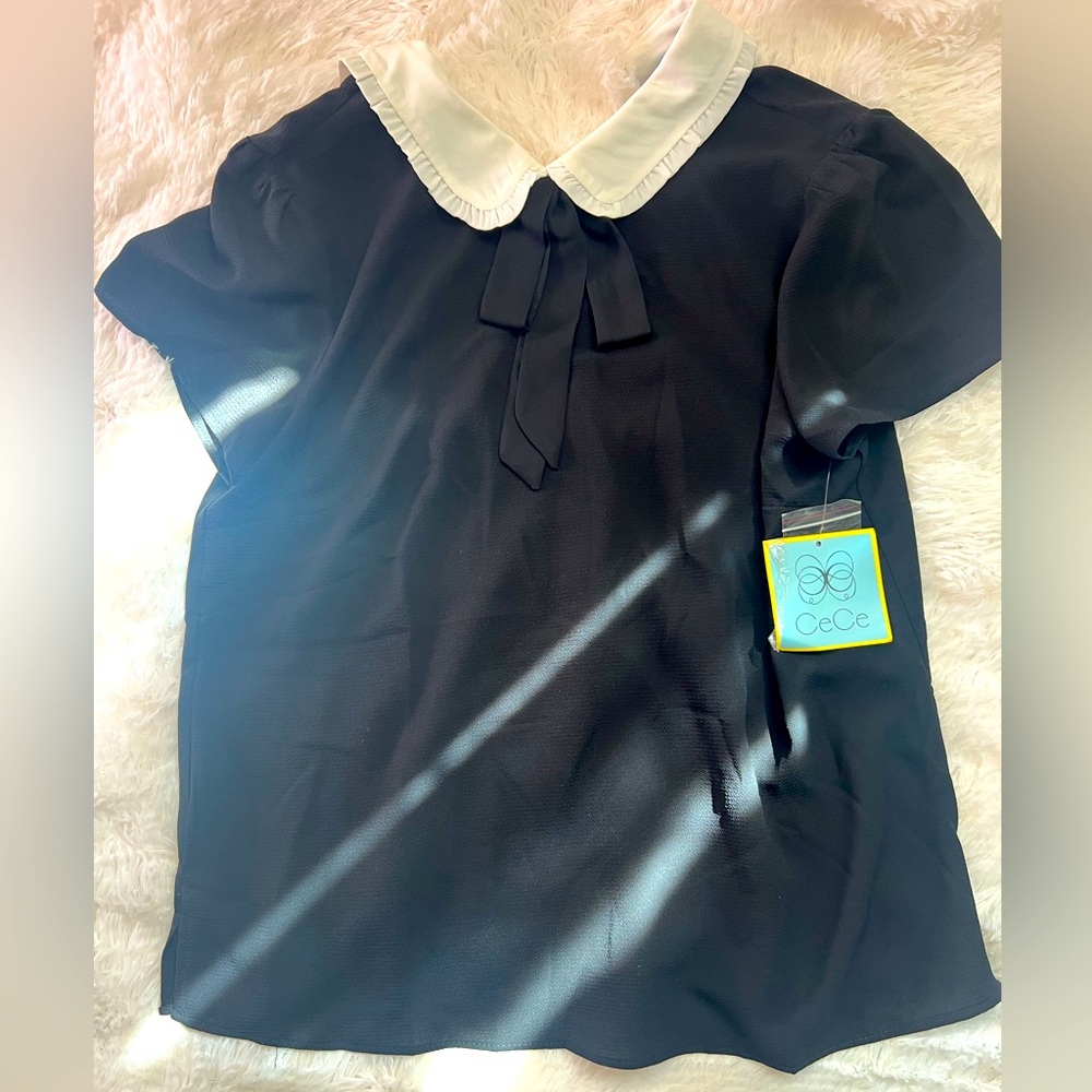 CeCe Black Blouse with White Collar NEW